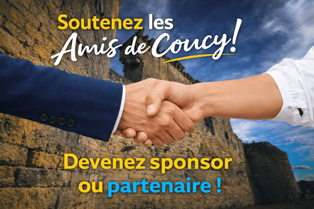 Un partenariat illustré par une poignée de main devant un mur de pierre, avec le texte invitant à soutenir les Amis de Coucy.